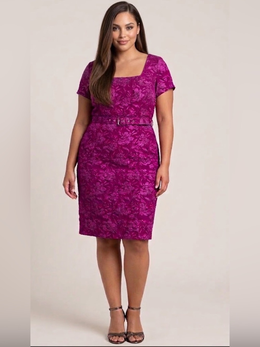 NWT Tahari ASL Magenta Jacquard Cap Sleeve Textured Cocktail Dress Size 14 $159